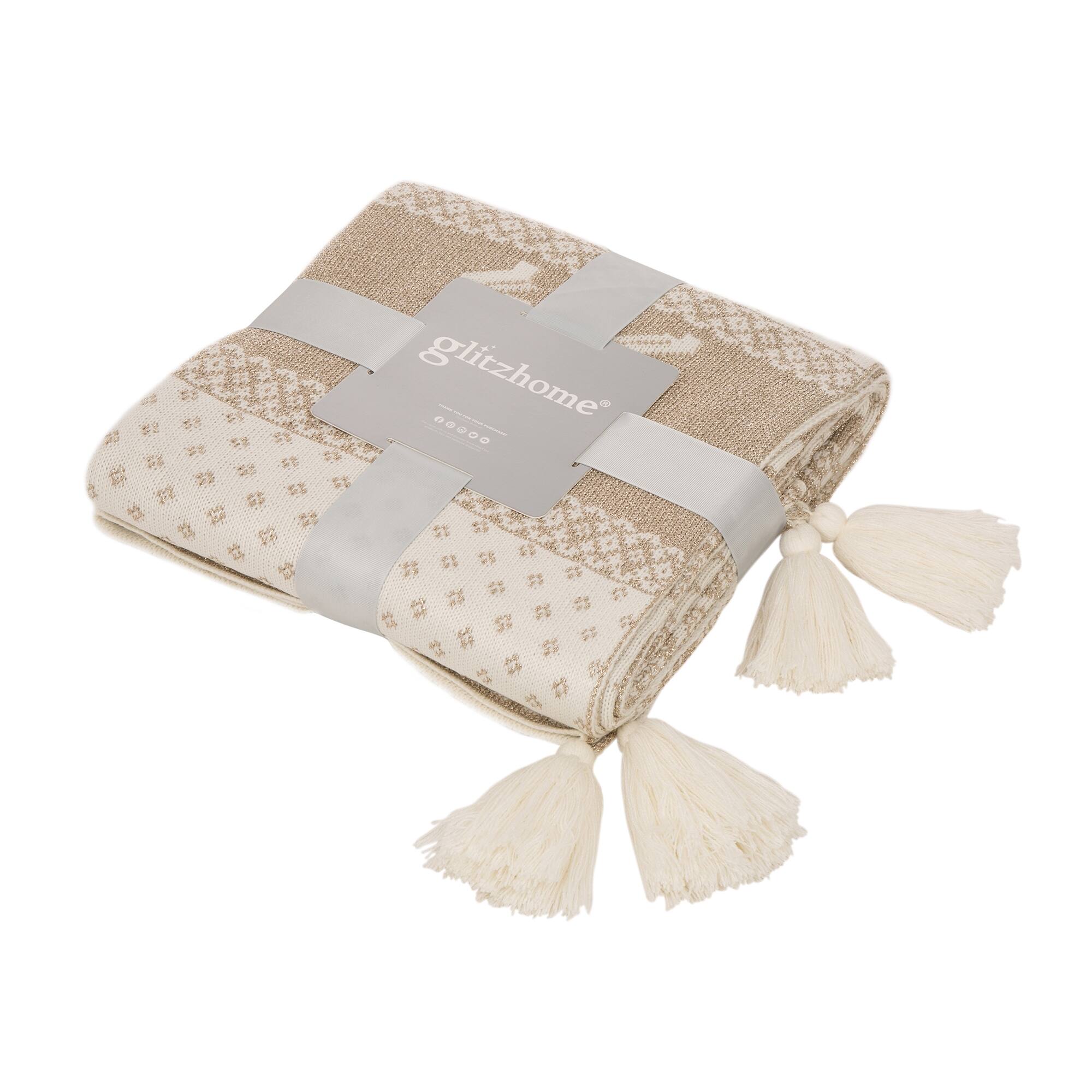 Glitzhome® White Knited Acrylic Throw Blanket with Tassels